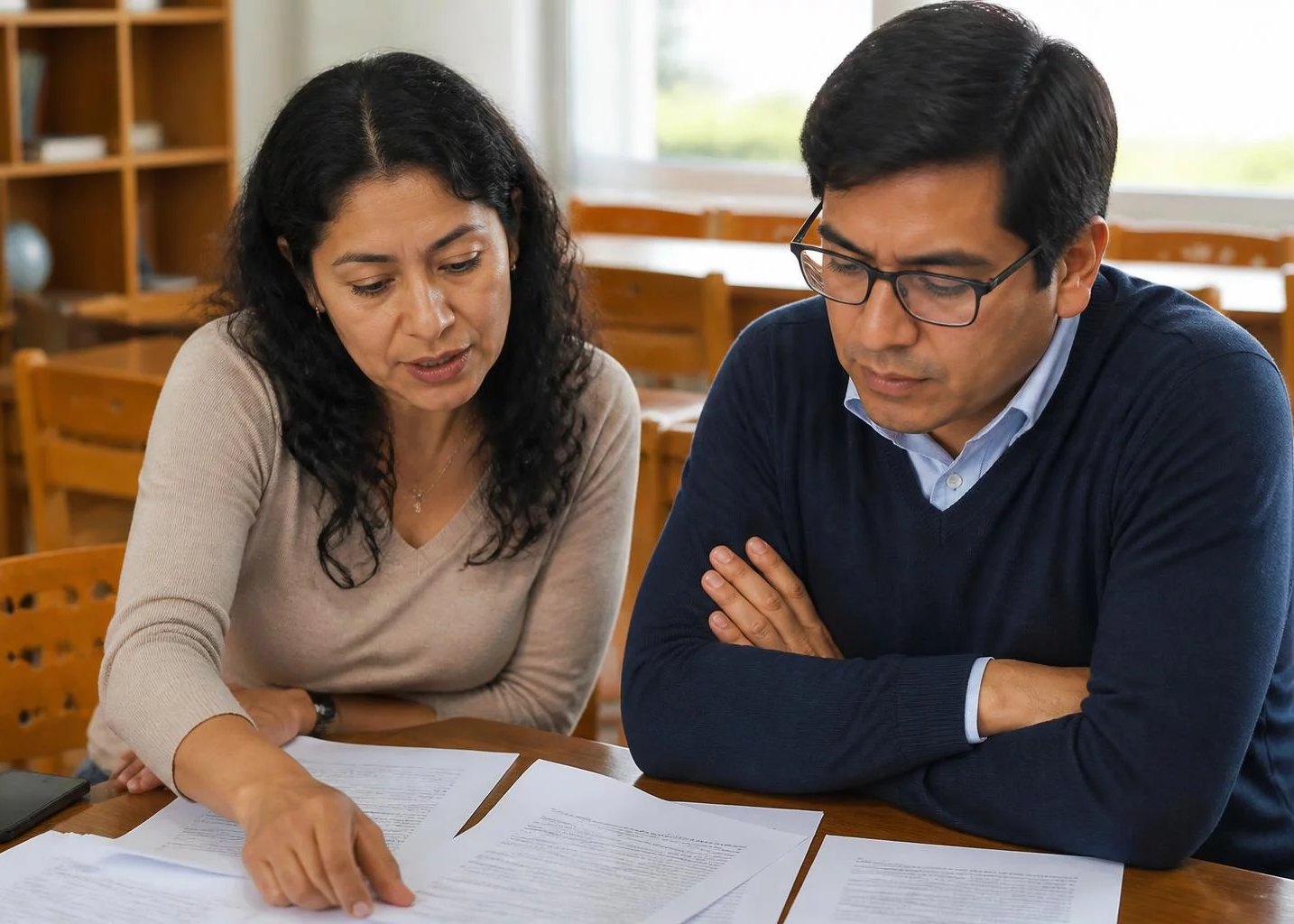 Mesa de seminario con apuntes repartidos y dos personas trabajando