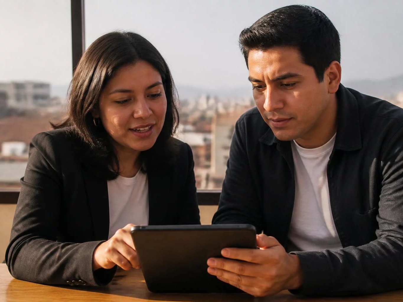 Una tablet con apuntes, leída por dos participantes