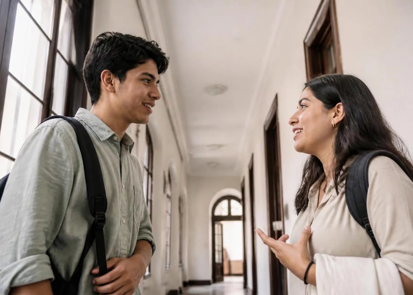 Pasillo de la universidad, con dos estudiantes conversando